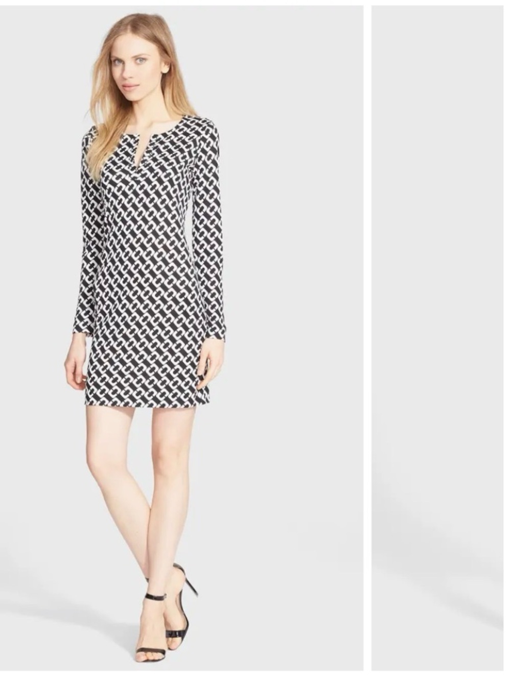 Diane Von Furstenberg Black and White Chain-Link V-Neck Long Sleeve Dress